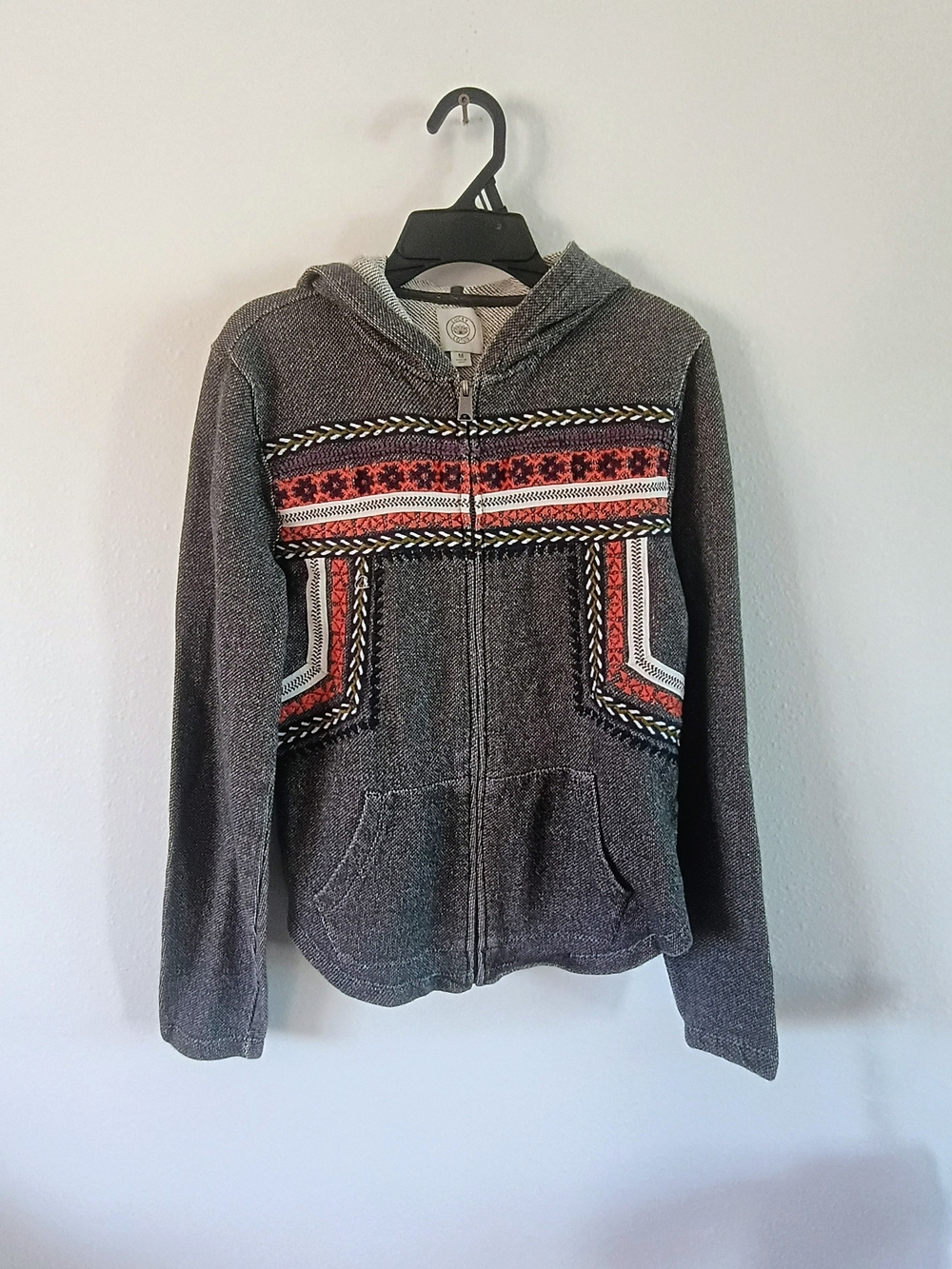 Lucky Lotus Medium Boho Embroidered Zip Hoodie Gray Southwest Festival Jacket